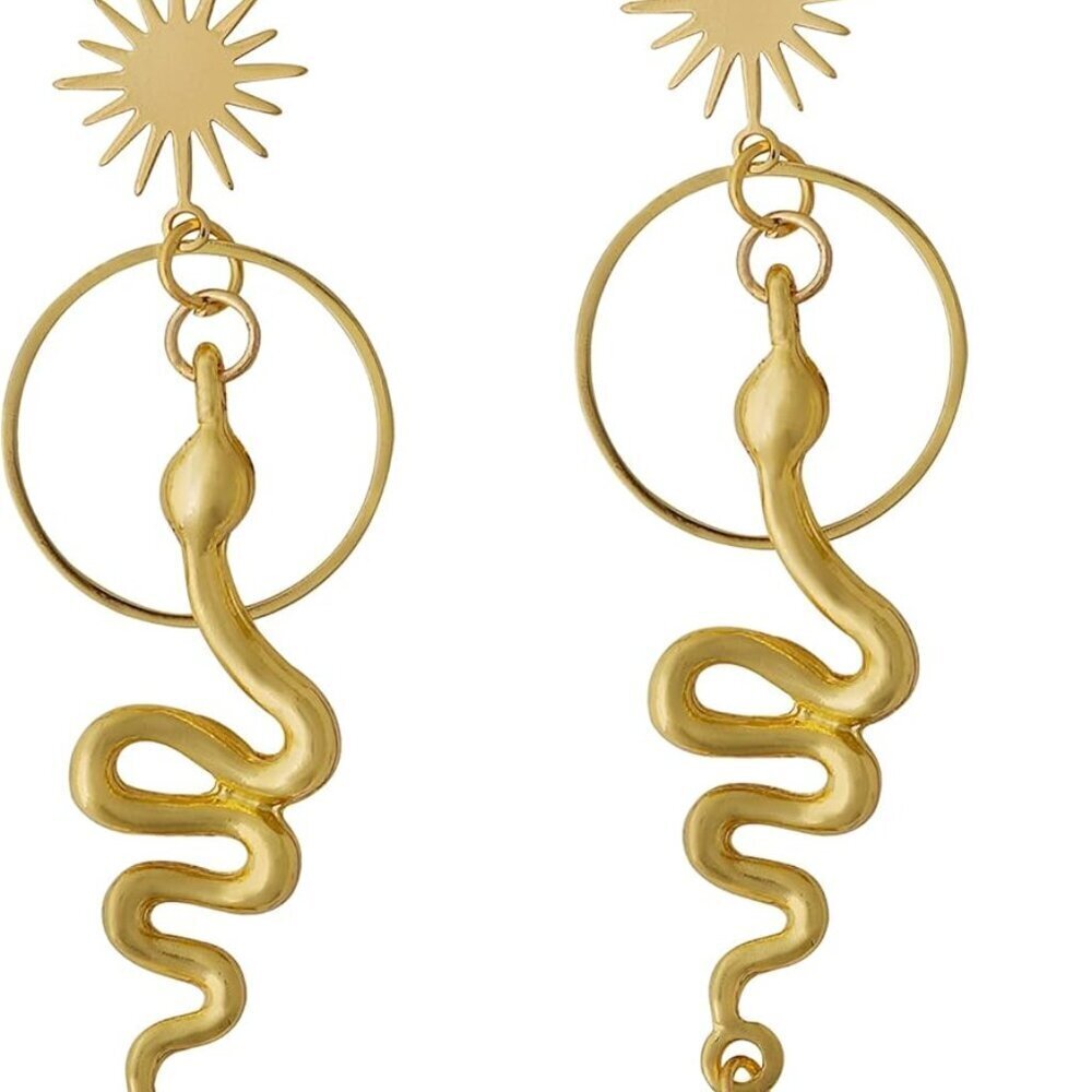 Gothic Snake Sun Star Earrings Gold-tone Brass Dangle Jewelry Gift for Women